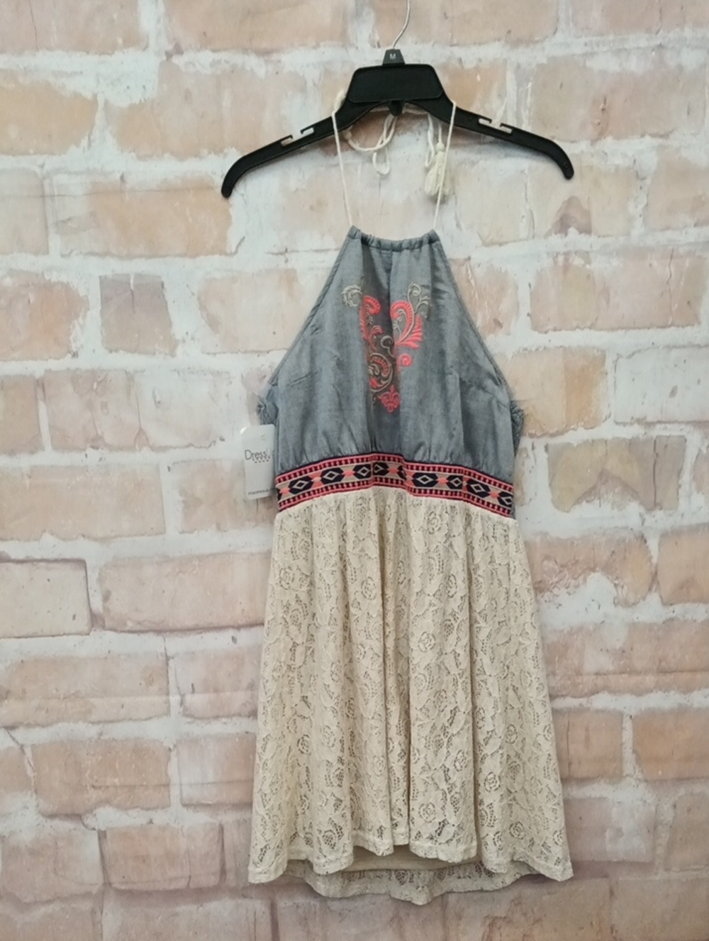 Flying Tomato Grey Halter Dress with Coral Embroidery and Cream Lace